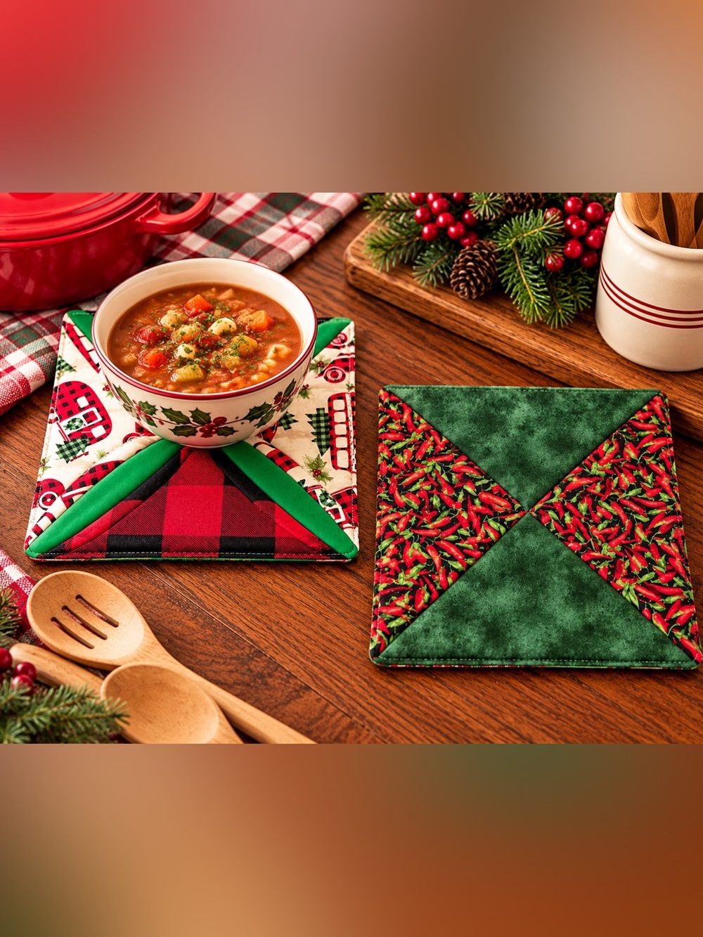 🎄 Handmade Quilted Hot Pad Set – 2 Styles